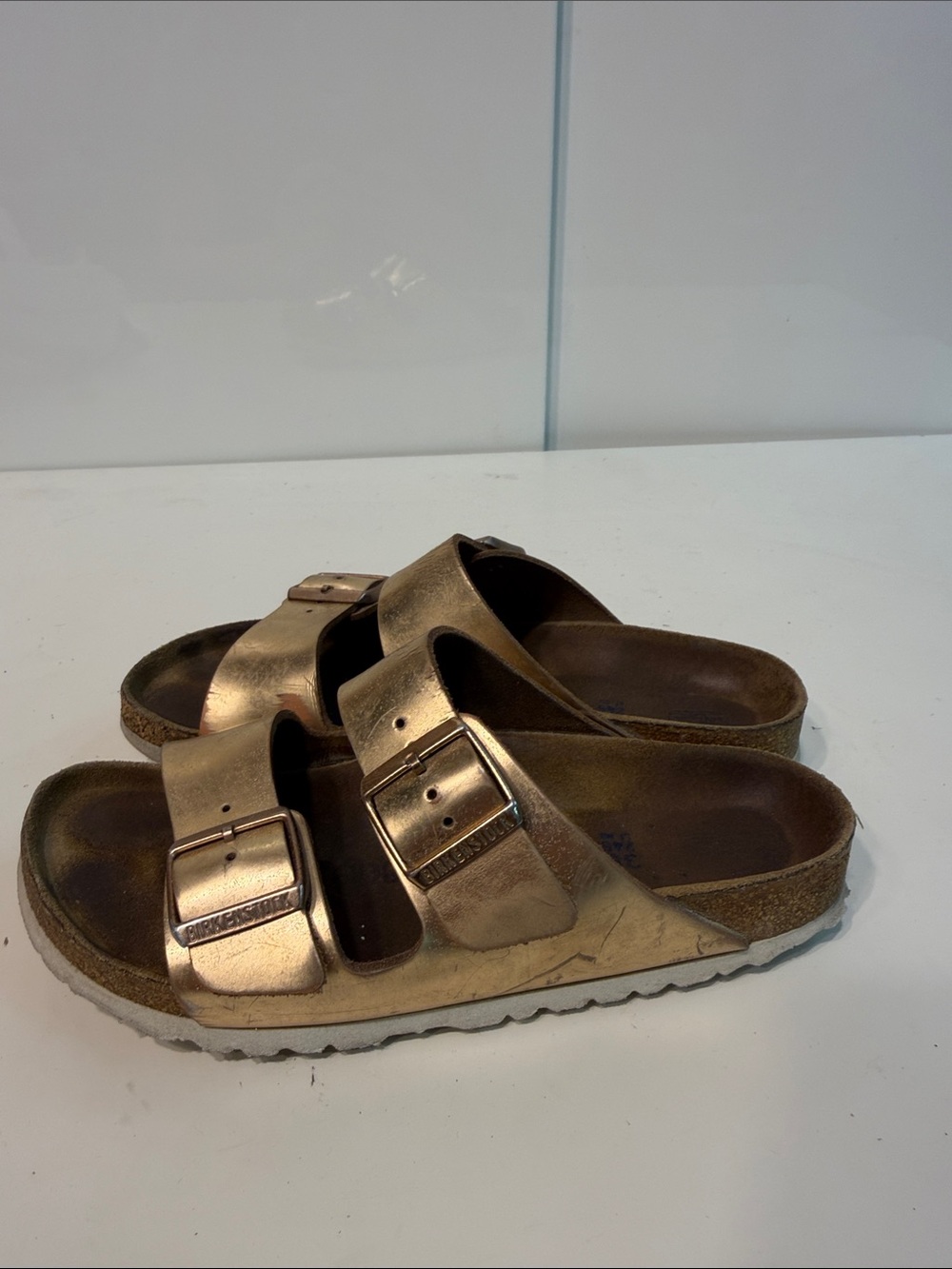 Used Birkenstock Metallic Bronze Double-Strap Slide Sandals women’s size 7-7.5